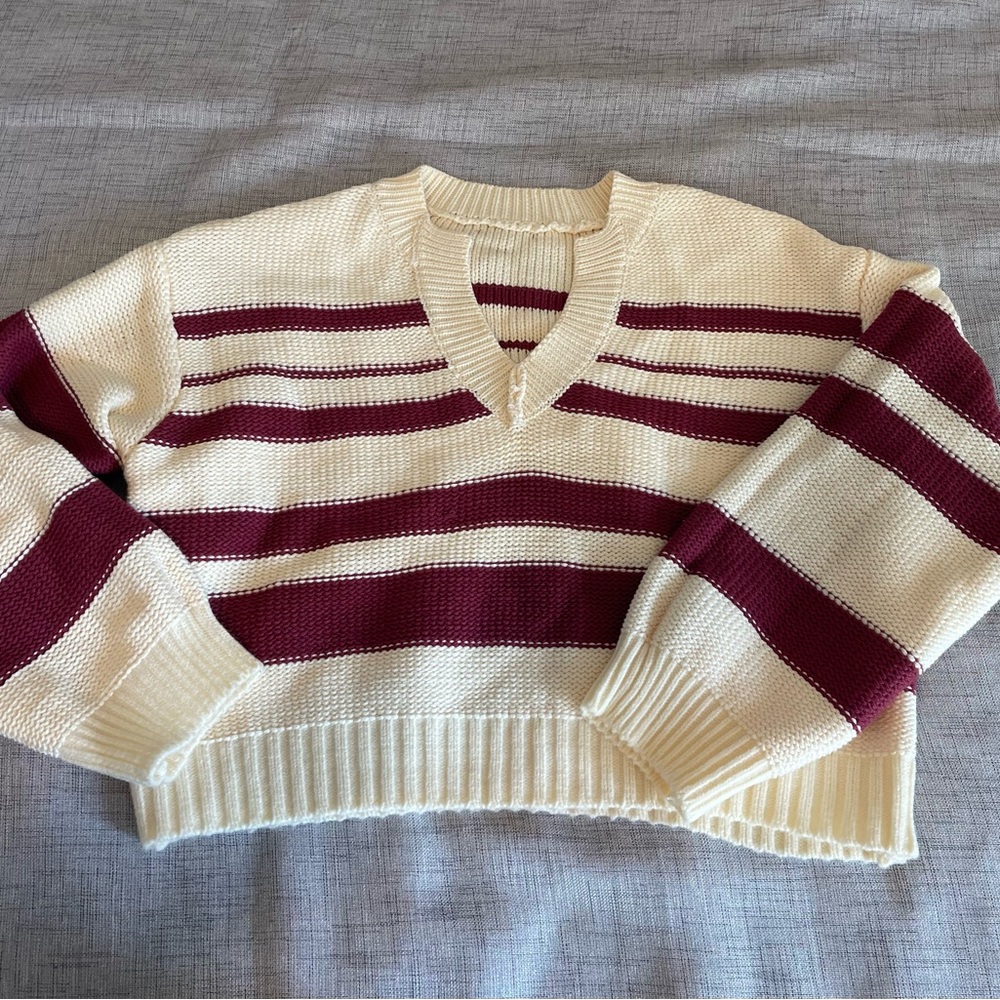 NEW Papermoon V-Neck Sweater in Cream and Burgundy Stripes